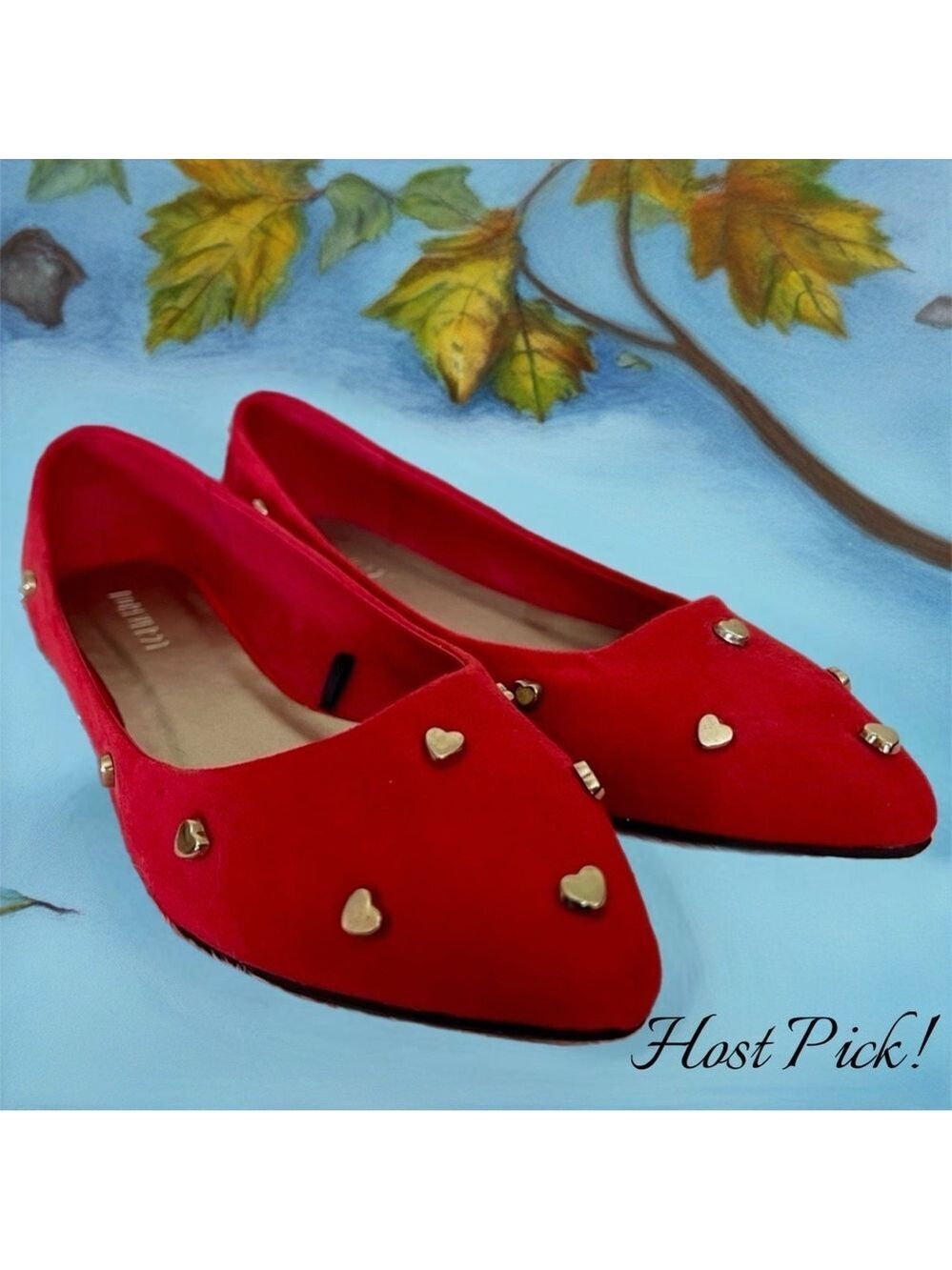 Forever 21 Red Velvet Gold Heart Studded Flats Size 10